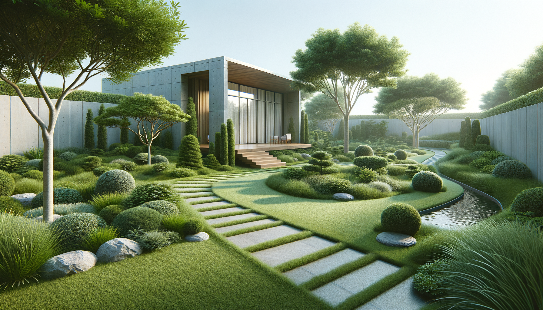 Modern house surrounded by a lush landscaped garden with various trees, shrubs, and a winding stream, featuring stepping stones and a patio with outdoor seating. in a red and  black theme