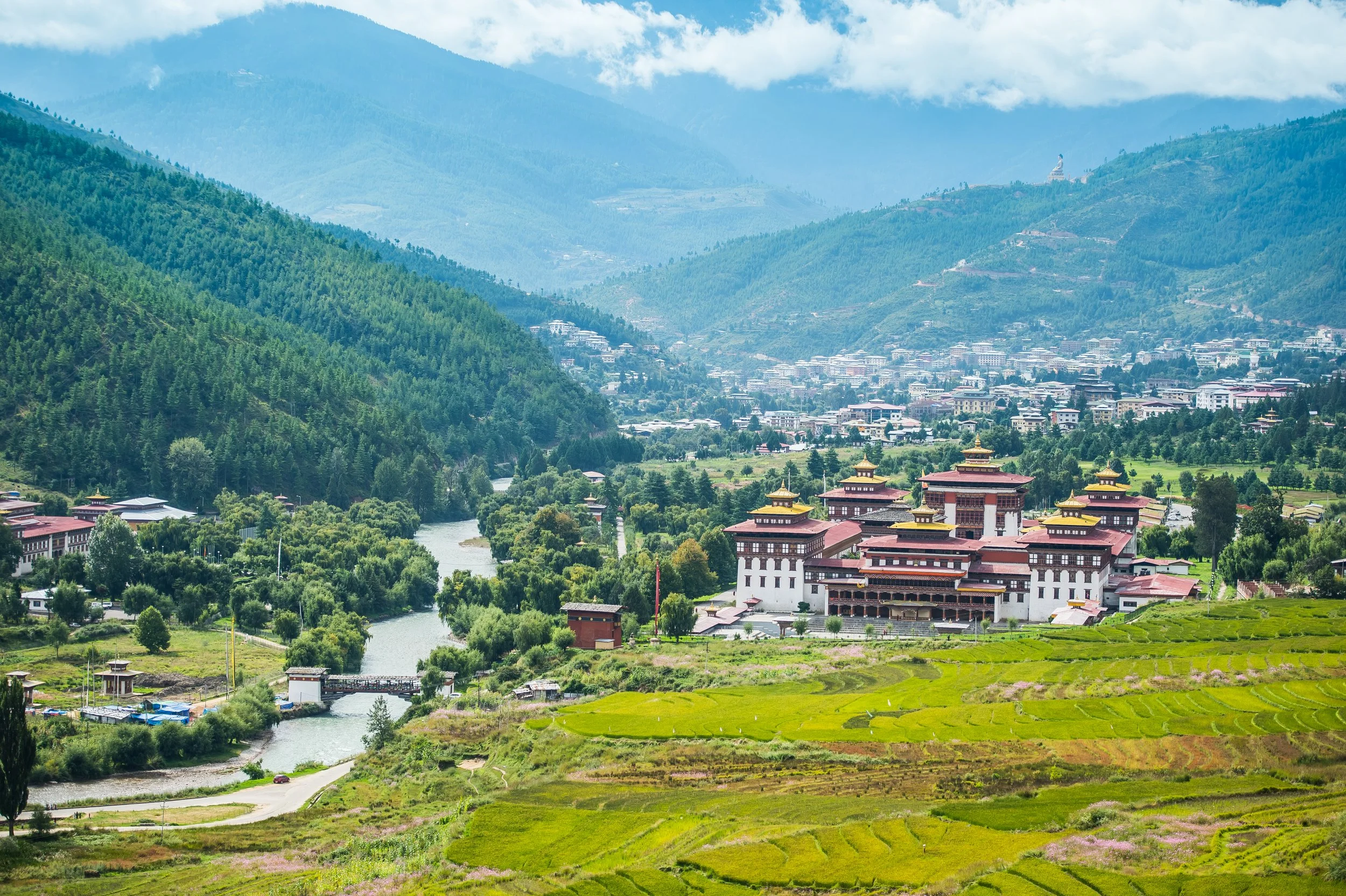 A scenic view of a river flowing through a valley surrounded by green mountains. Traditional Bhutanese buildings with distinct rooftops are in the foreground, and there is lush terraced farmland. The mountains are partly covered with clouds.