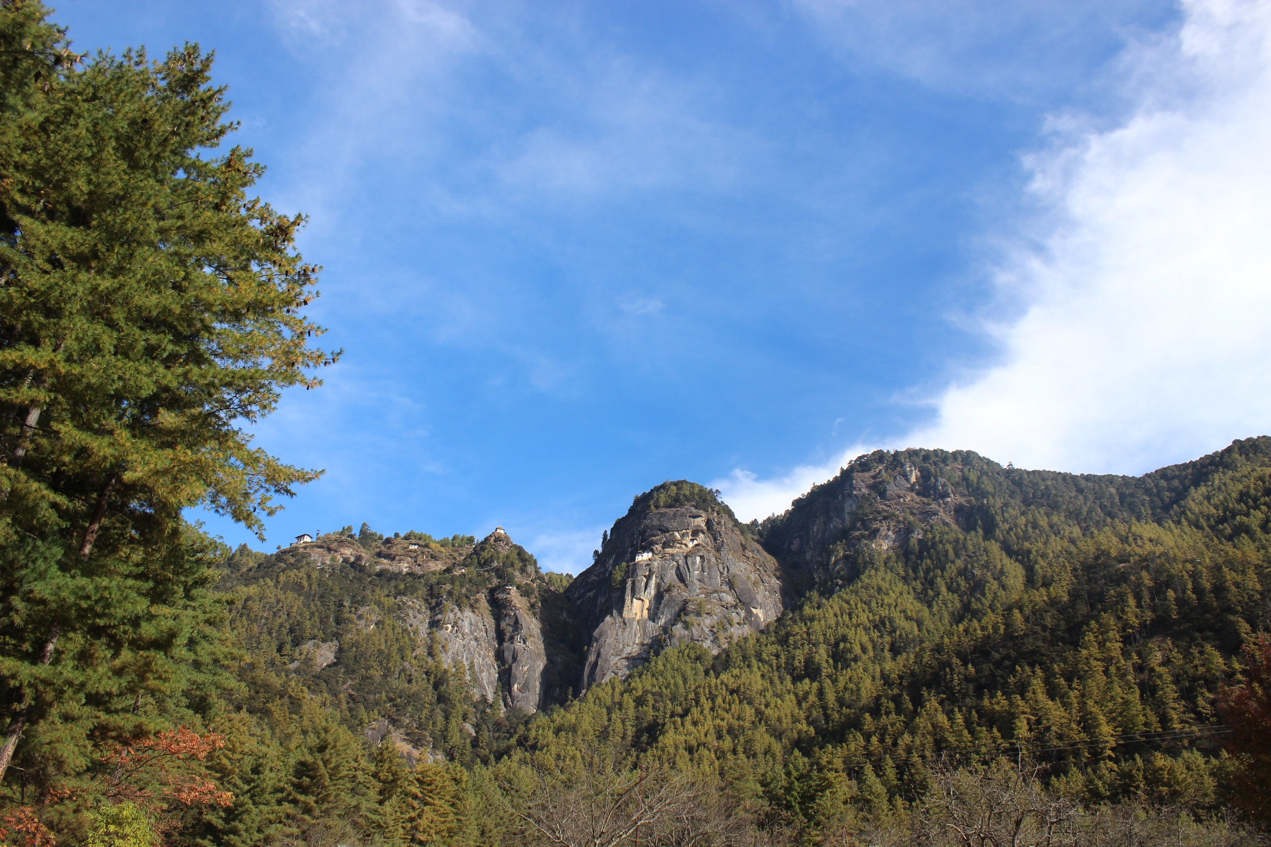 Mountain landscape with large rocks, green trees, and a partly cloudy blue sky.