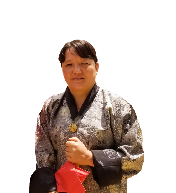 Woman wearing traditional Asian clothing, holding a red cloth or item, standing against a plain white background.