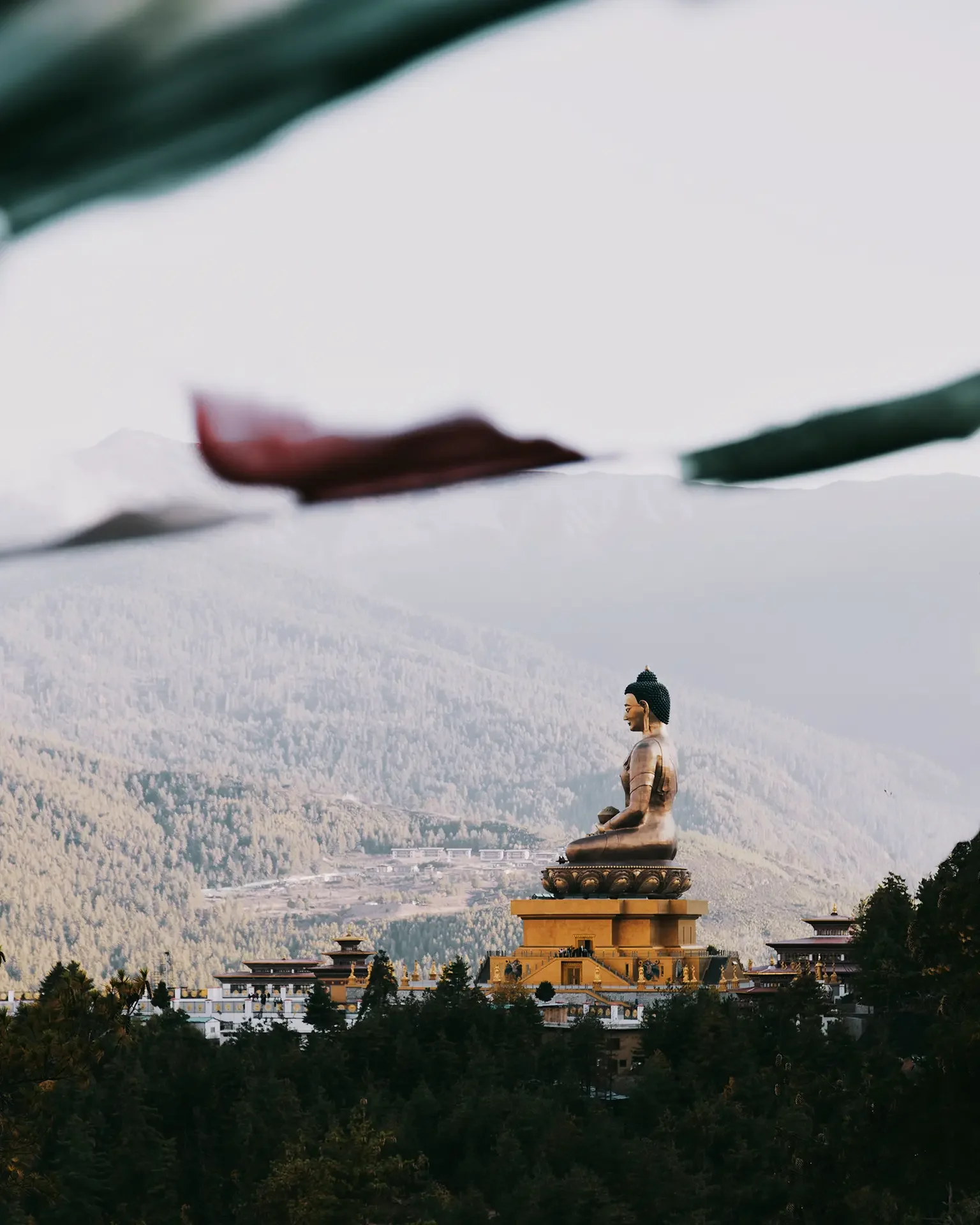Large golden Buddha statue sitting on a lotus flower base in a mountainous landscape with trees and buildings at the bottom of the hill.