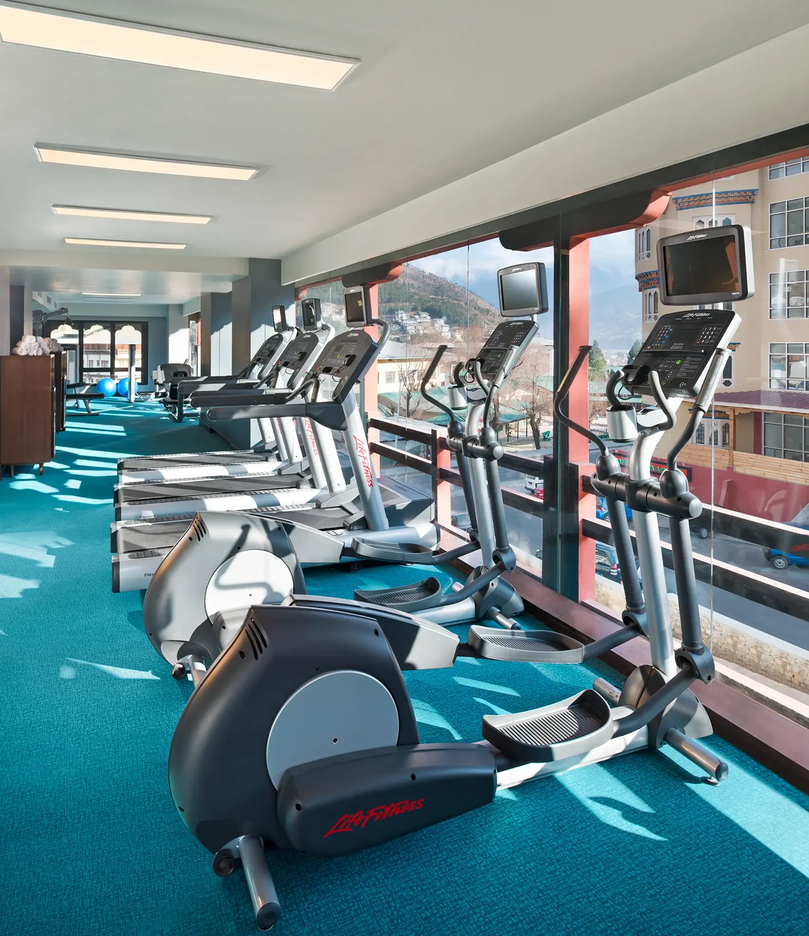 A row of Life Fitness elliptical exercise machines inside a gym with large windows overlooking a cityscape and mountainous landscape.