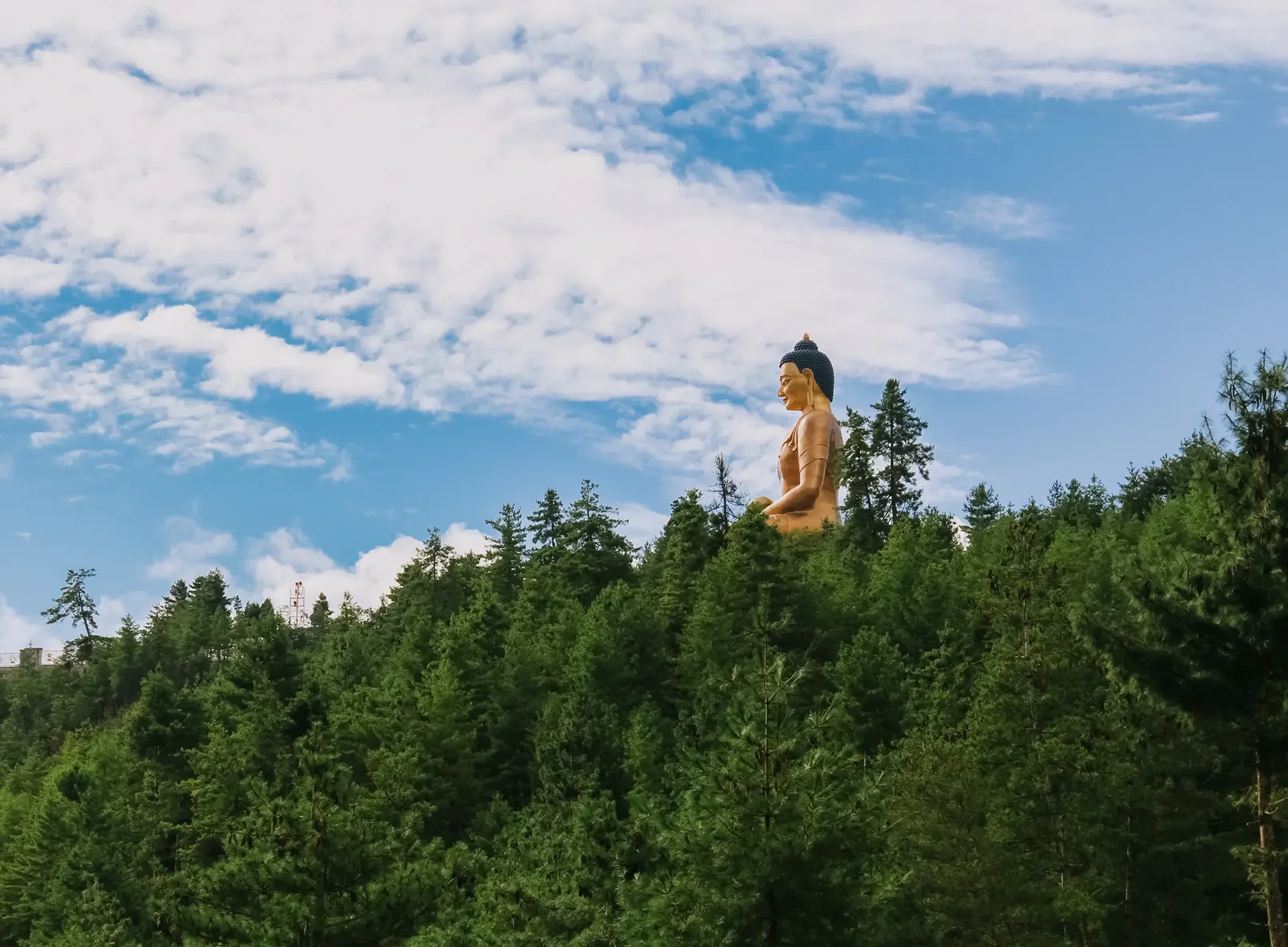 A large golden statue of a seated Buddha is surrounded by green trees under a partly cloudy sky.