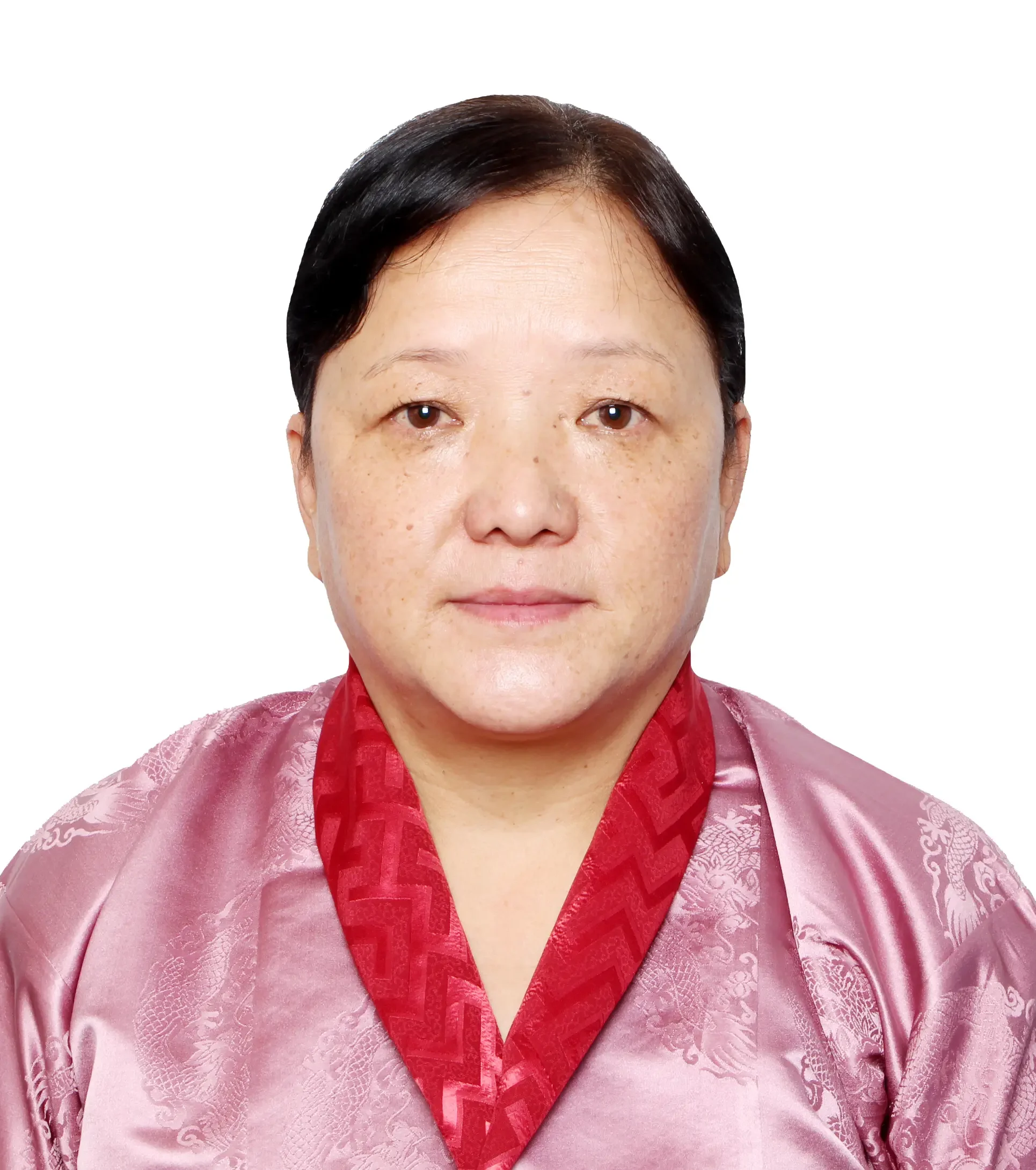 Close-up of a woman wearing traditional pink and red Asian attire, with detailed embroidery, against a white background.