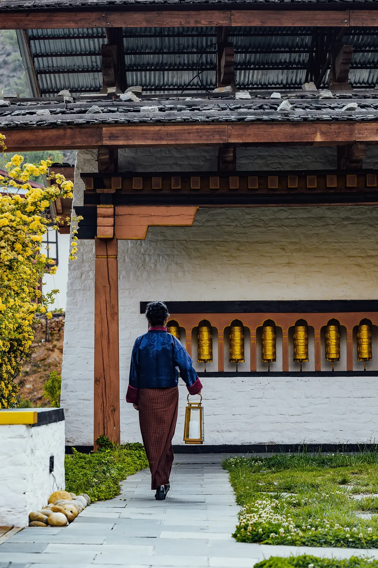 A person walking on a stone pathway near a building with golden prayer wheels, holding a lantern, with yellow flowers on the left and grass with small white flowers on the right.