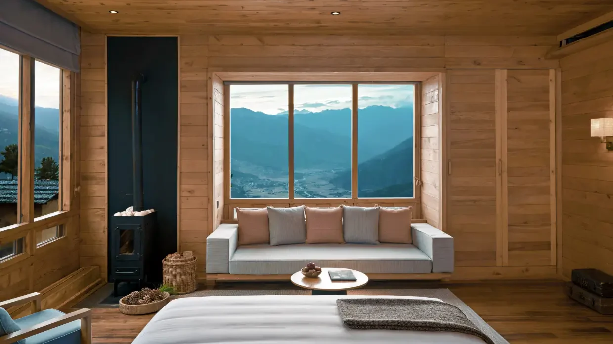 Interior of a cozy wooden cabin room with a large window overlooking mountains and a valley, a white sofa with beige and gray cushions, a small round coffee table with decorative items, a bed in the foreground, and a wood-burning stove with stones and a basket nearby.