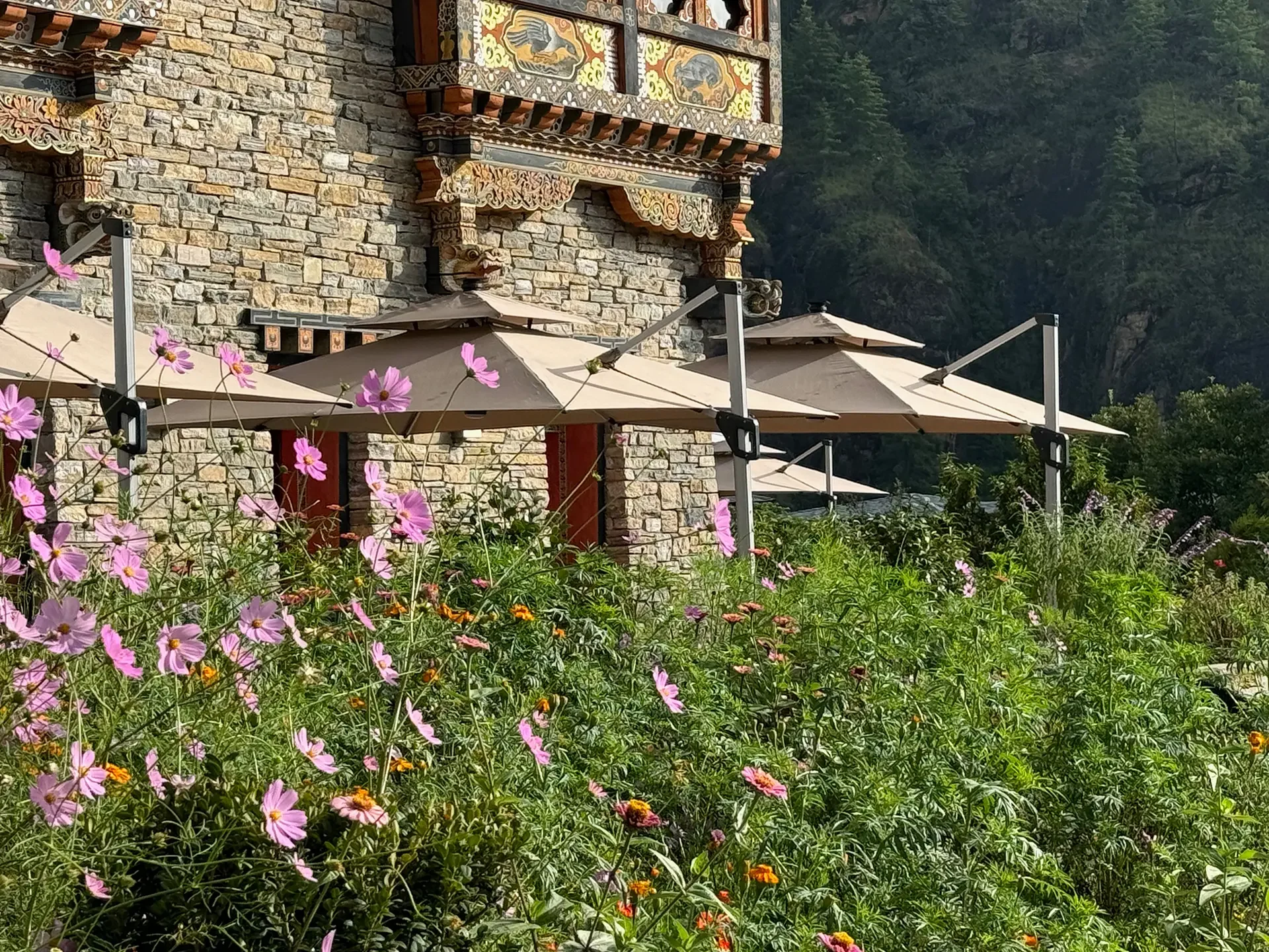 A building with a stone wall exterior and intricate decorative woodwork and paintings on the upper section. There are umbrellas and pink flowers in the foreground, with green trees and hills in the background.