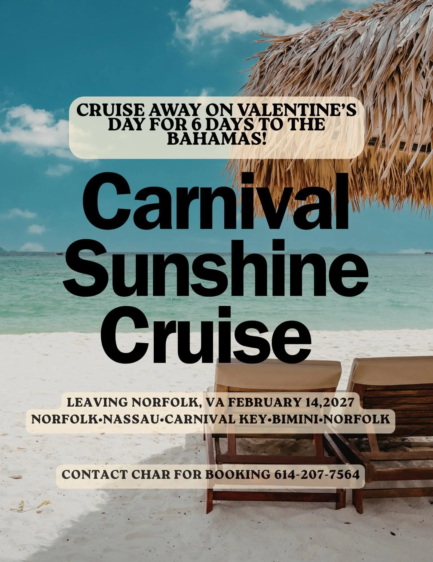 Sun, sand, and unforgettable vibes 🌊💙
Escape the winter and set sail this Valentine&rsquo;s on a 6-day cruise to the Bahamas&mdash;think ocean views, private islands, and pure relaxation.

Cabins prices start at $639 per person. Groups of two or mo