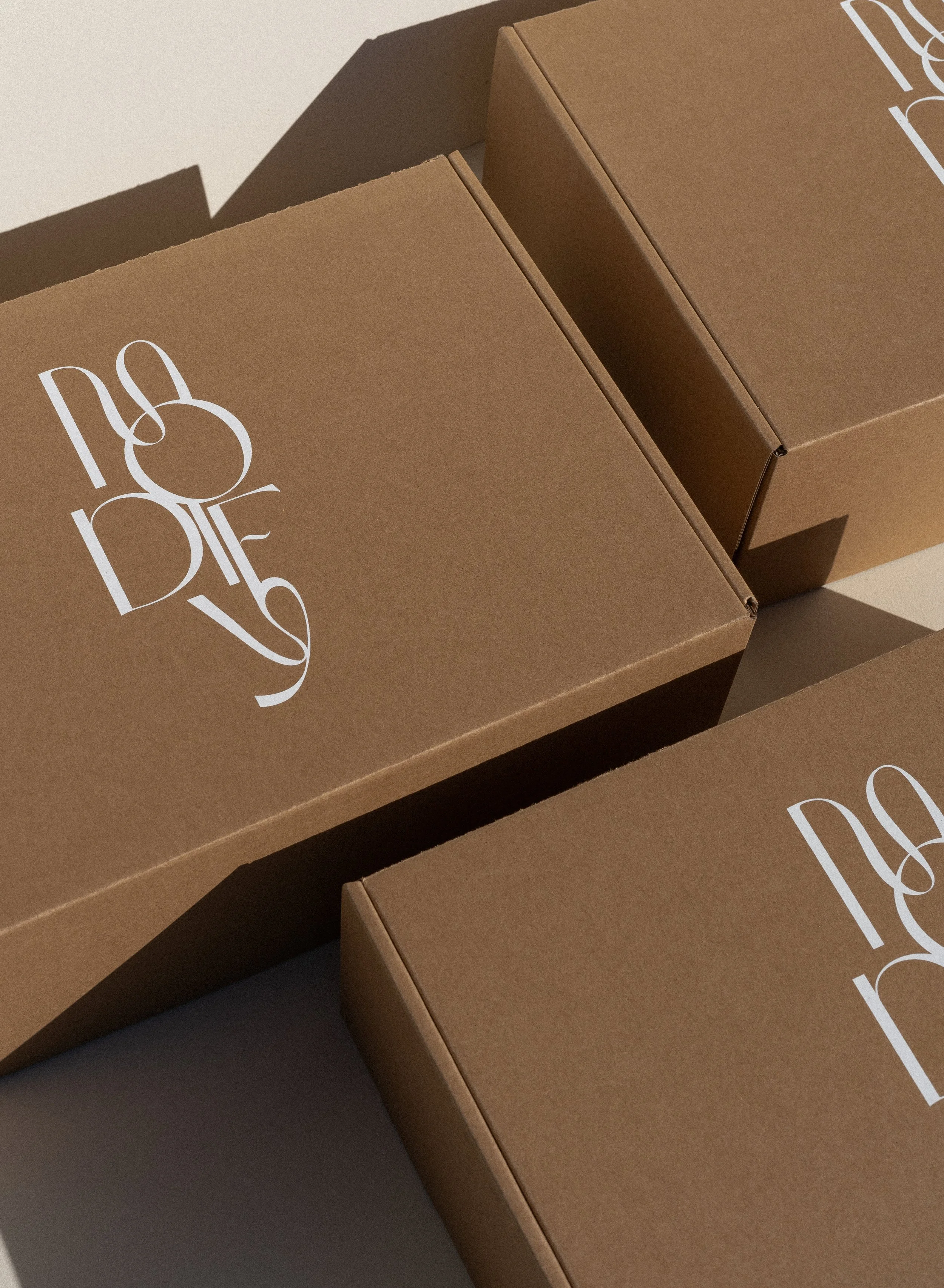 Brown cardboard boxes with white stylized text on top, casting shadows on a light background.