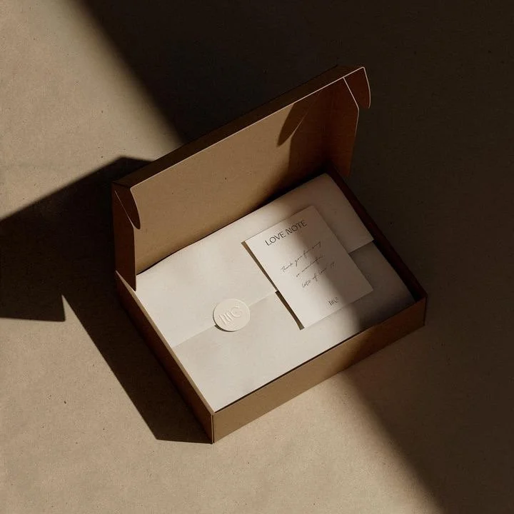 Open cardboard box with a note inside reading 'LOVE NOTE' and a wax seal with initials, placed on a light-colored surface with shadows cast.