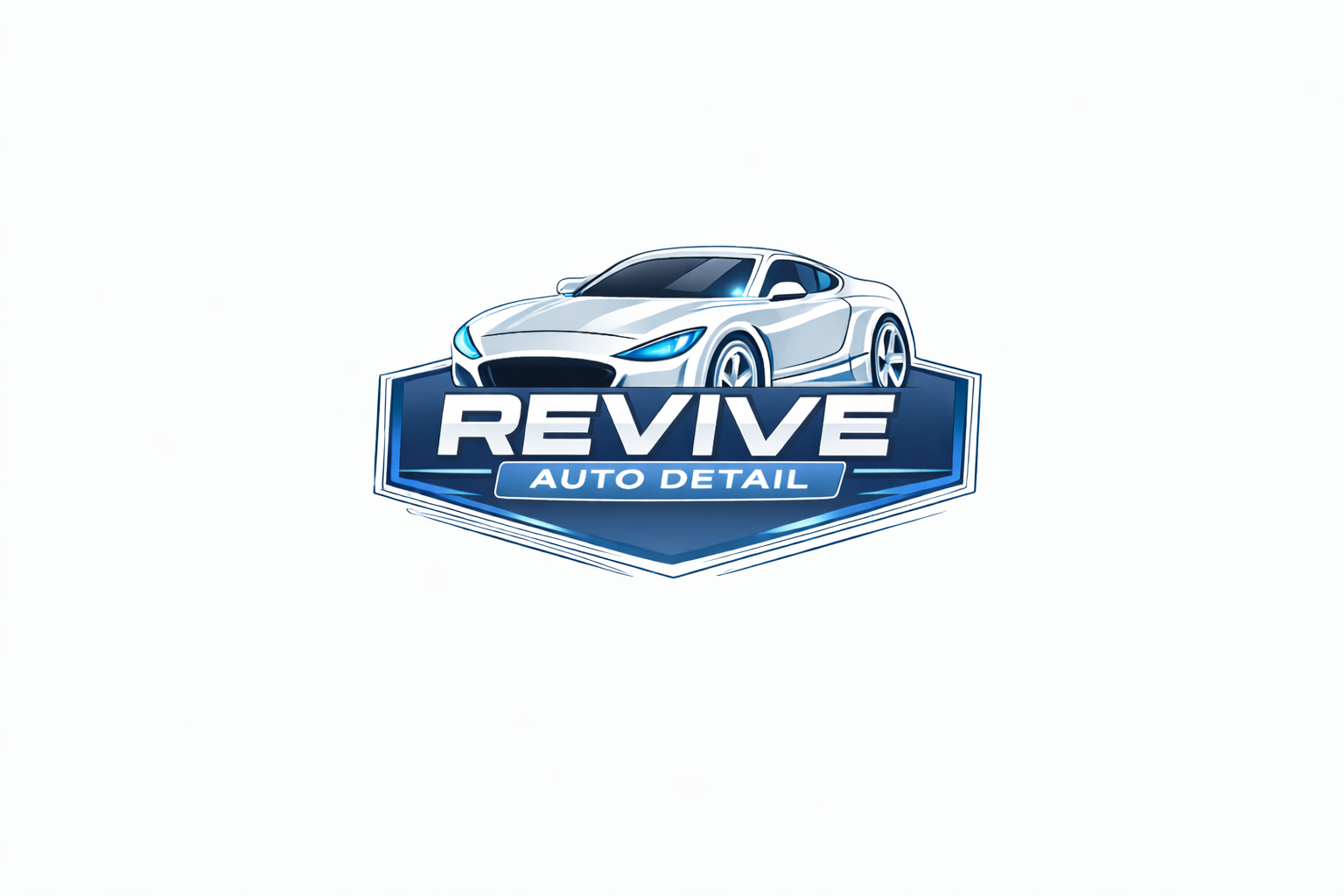 Logo for Revive Auto Detail featuring a sleek white sports car with blue accents above the text 'REVIVE Auto Detail' in a blue emblem.