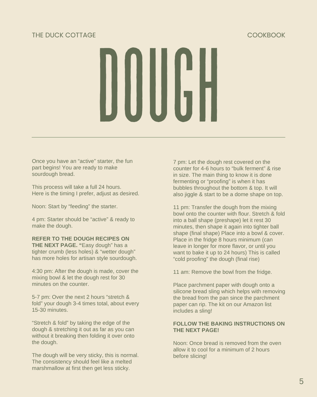 Page titled 'Dough' from a cookbook, with instructions for making sourdough bread, including steps on preparing the starter, fermenting, shaping, proofing, baking, and slicing, with text divided into numbered paragraphs.