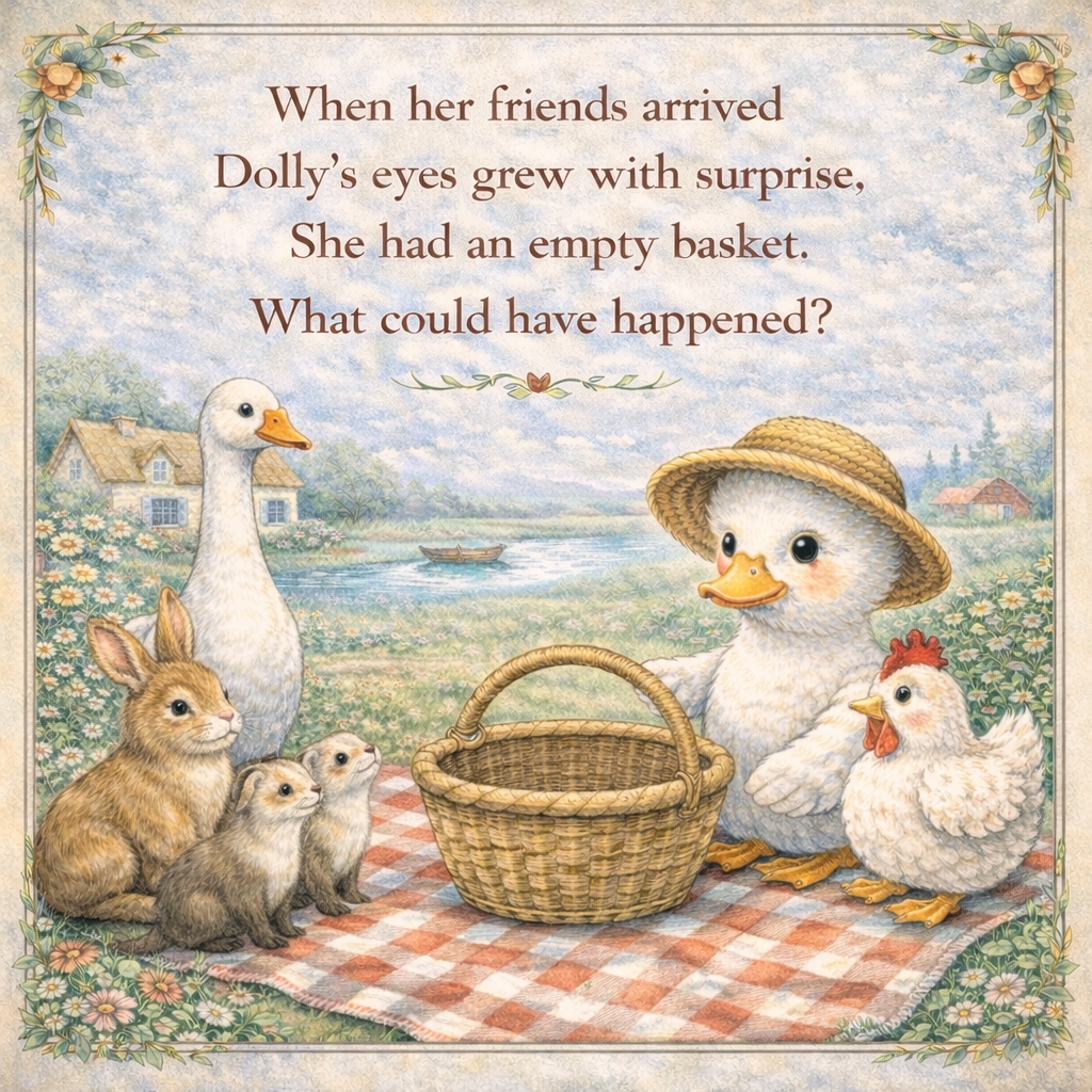 A farm scene with a goose, a hen wearing a straw hat, a basket, a rabbit, and three chicks on a checkered cloth, set against a background of a river, houses, and trees with a poetic quote about Dolly and her friends.