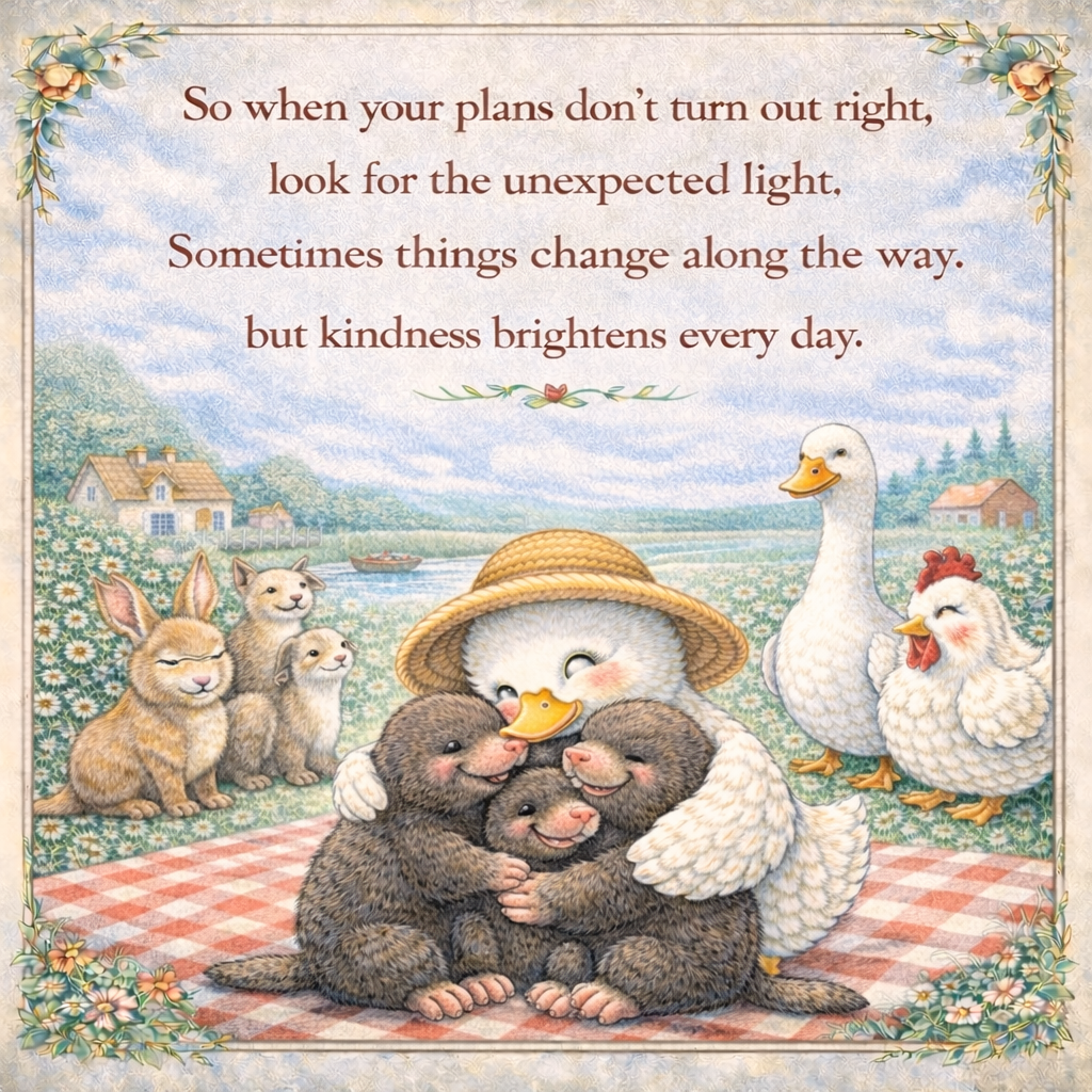 This is a colorful illustration with a quote about kindness and looking for the unexpected light when plans go wrong. The image features a white goose wearing a straw hat, hugging three smiling otters. To the right, a tall white goose and a happy hen stand. In the background, there are three rabbits and a scenic landscape with houses, trees, and a body of water, all framed with floral decorations.