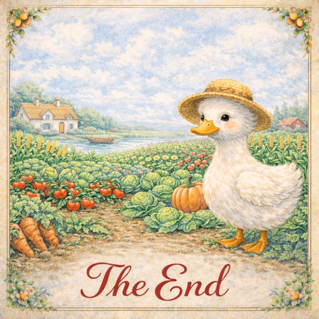 A cartoon illustration of a harvest scene with a duckling wearing a straw hat, standing next to a pumpkin on a farm surrounded by vegetables like carrots, tomatoes, and cabbage. In the background, there is a farmhouse, a boat on a river, and trees under a partly cloudy sky. The words "The End" are written at the bottom.