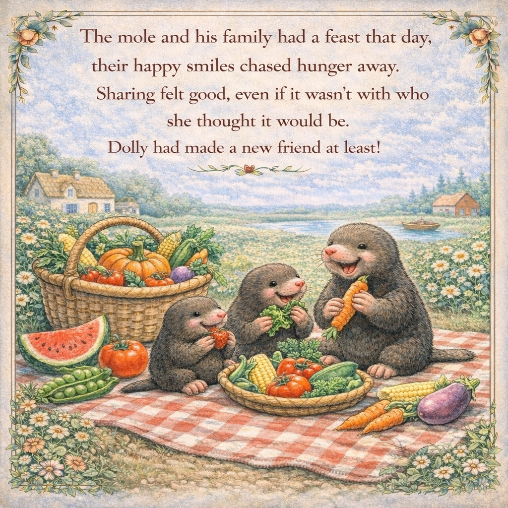 Illustration of three animated otters having a picnic outdoors on a checkered blanket, with baskets of vegetables and fruits like tomatoes, carrots, corn, watermelon, and eggplant, set against a scenic countryside background with houses, trees, flowers, and a lake.