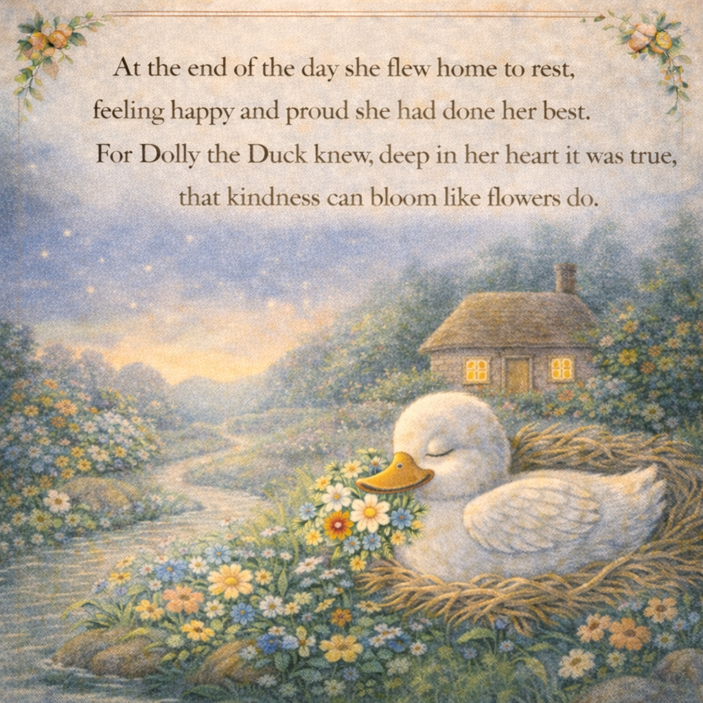 A poem over a soft, pastel illustration of a duckling resting in a nest surrounded by colorful flowers, a small house in the background, and a starry sky with a sunset.