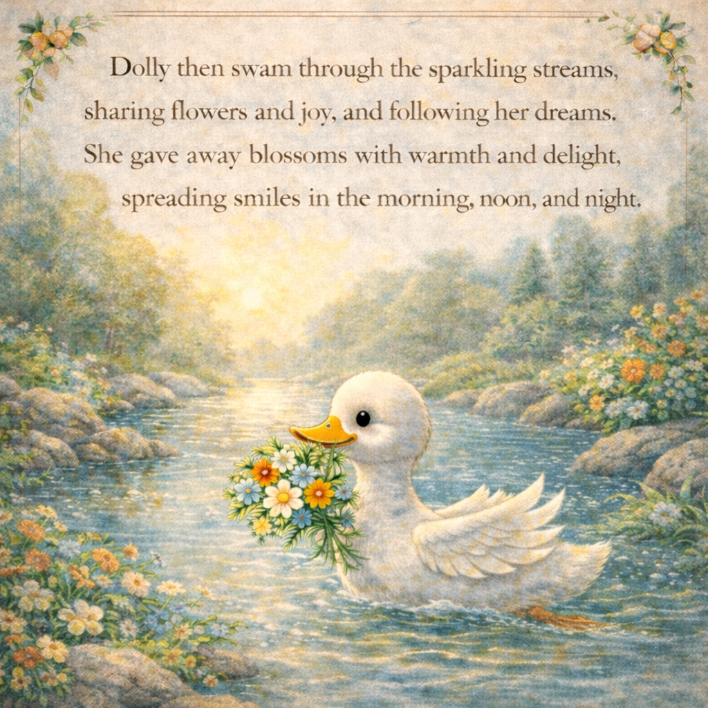A cartoonish white duck swimming in a stream holding a bouquet of colorful flowers in its beak, surrounded by rocks and blooming flowers with a soft sunrise or sunset in the background.