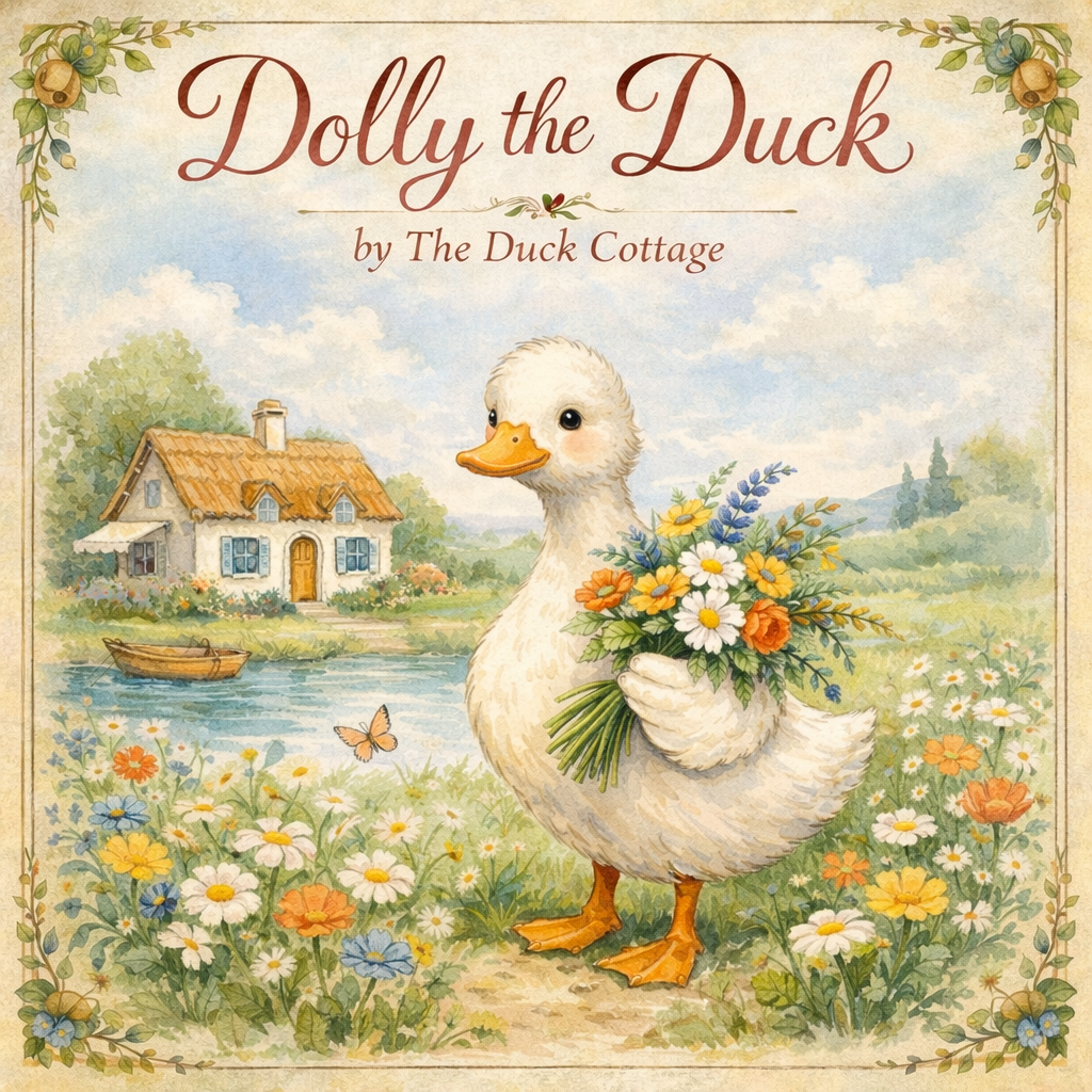 Illustration of a duck holding a bouquet of colorful flowers, standing on a path surrounded by a field of daisies and other wildflowers, with a cottage by a river and a boat in the background.