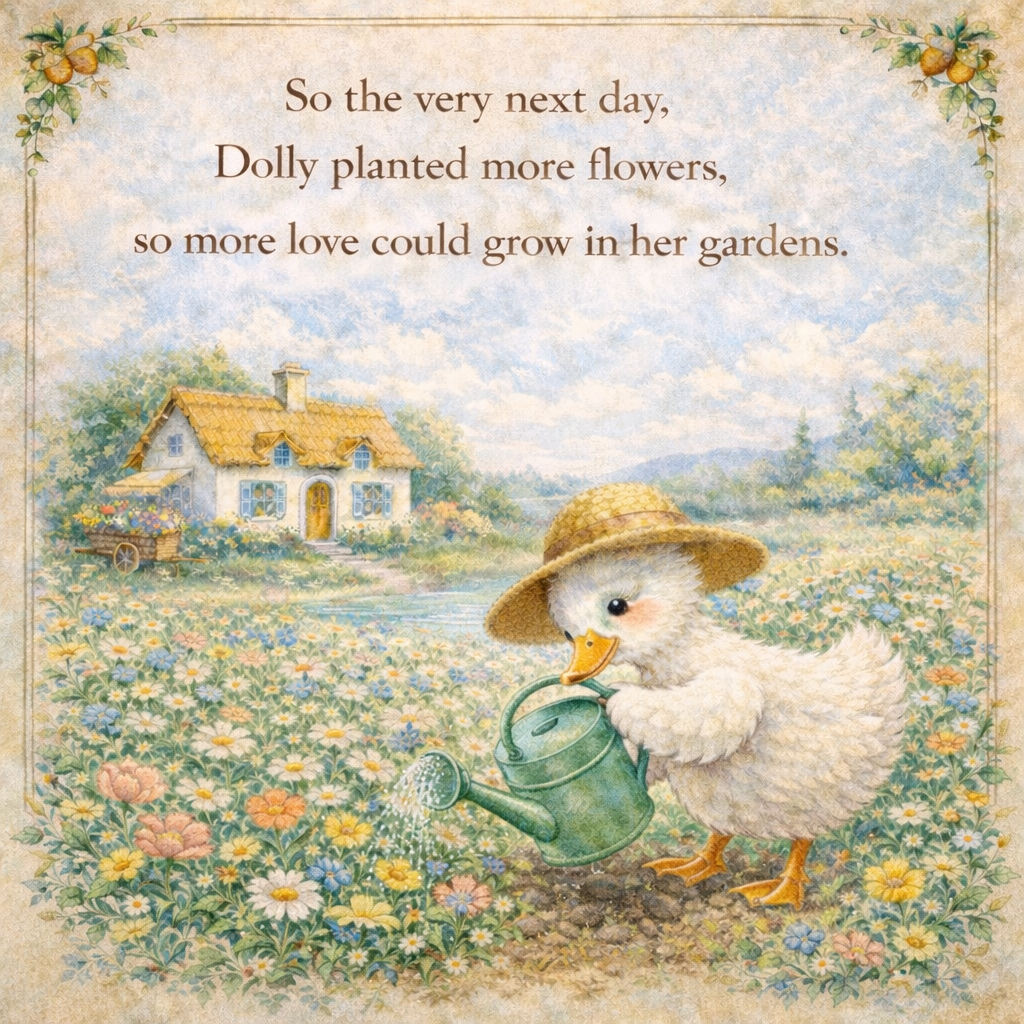 A duckling wearing a straw hat watering flowers in a garden with a house in the background.