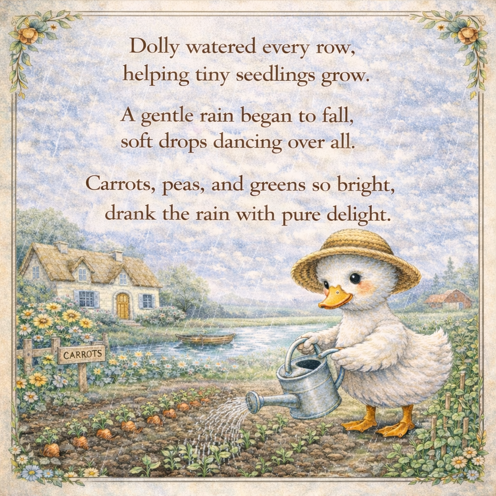 A cartoon duck wearing a straw hat watering her garden with a watering can, surrounded by flowers, vegetables, and a pond with a house and boat in the background. The scene is accompanied by a poem about rain quenching and nourishing the garden.