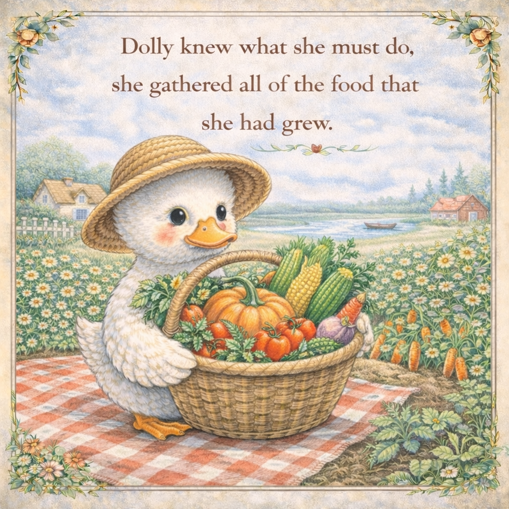 A cute duckling wearing a straw hat, holding a basket of vegetables including pumpkins, tomatoes, corn, carrots, and eggplant, sitting on a checkered cloth in a garden with daisies and a scenic background of houses, water, and sky.