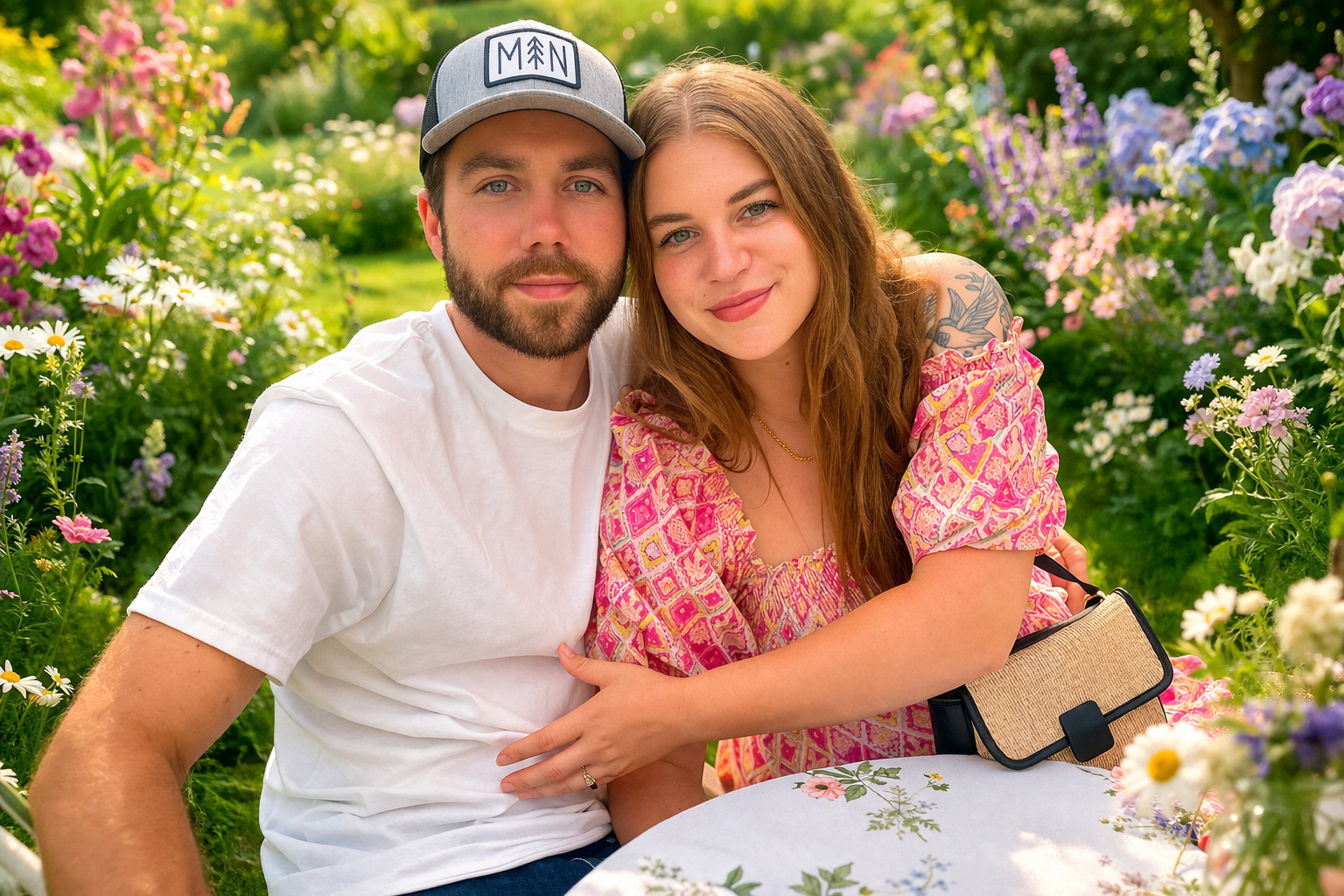 A young couple sitting close together at a table outdoors surrounded by colorful flowers, with the woman holding a beige purse with a black strap.