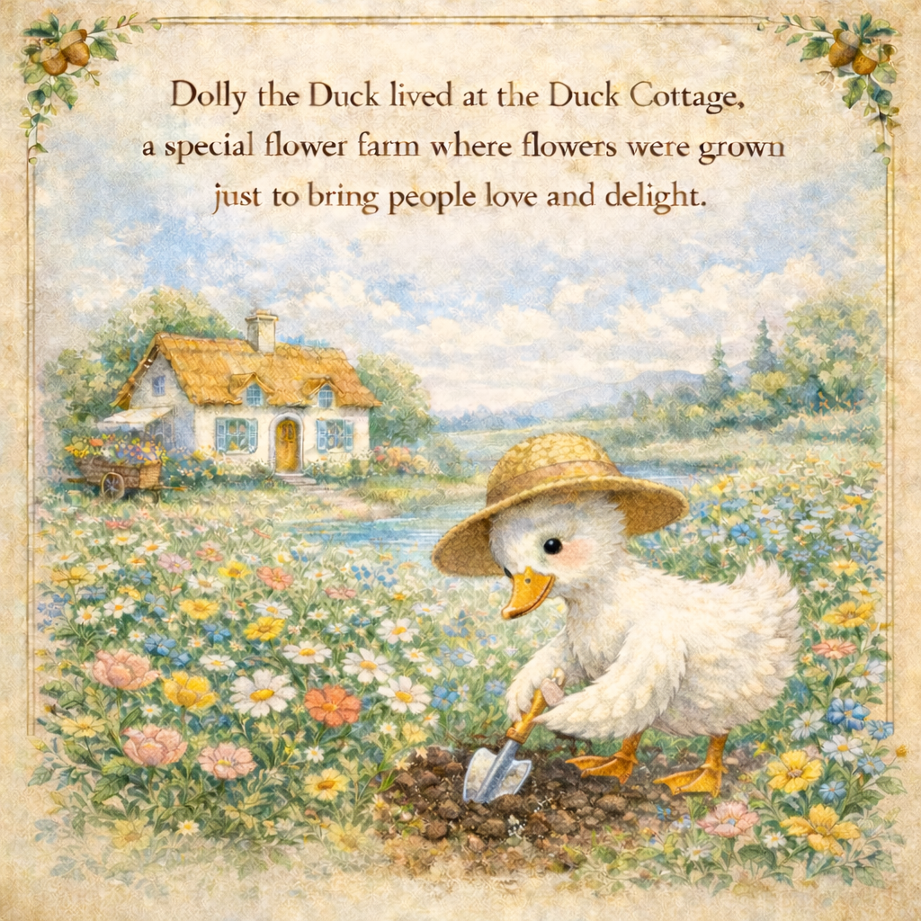 Illustration of a cute duckling wearing a straw hat and holding a small shovel, planting a seed in a flower field with a cottage and a cart in the background, and a poem about Dolly the Duck living at the Duck Cottage.