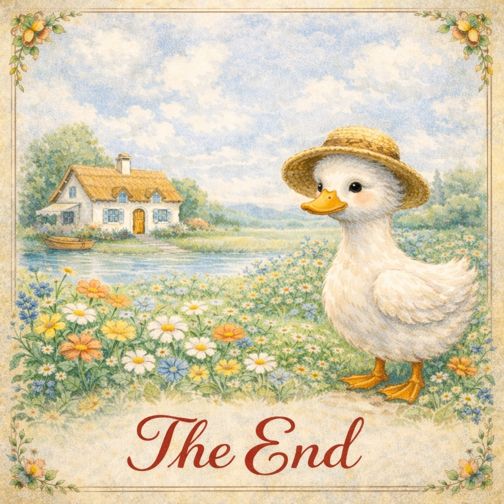 A cartoon illustration of a duck wearing a straw hat, standing in a field of colorful flowers near a small house with a boat on a pond in the background. The words "The End" are written at the bottom.