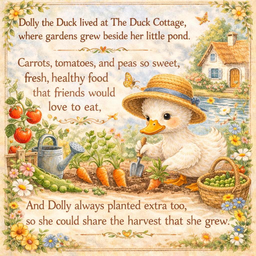 Illustration of a cute duck named Dolly planting vegetables in a garden next to a pond with a cottage in the background. The scene is surrounded by colorful flowers and a basket of peas.