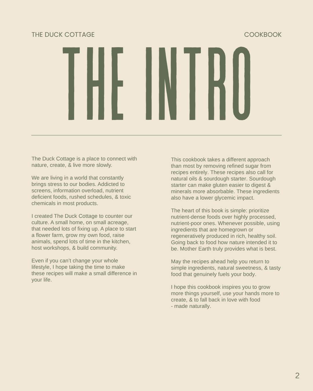 Page from 'The Duck Cottage' cookbook with a beige background, featuring large green text that reads 'The Intro' and small text discussing the author's philosophy on connecting with nature, healthy eating, and sustainable living.