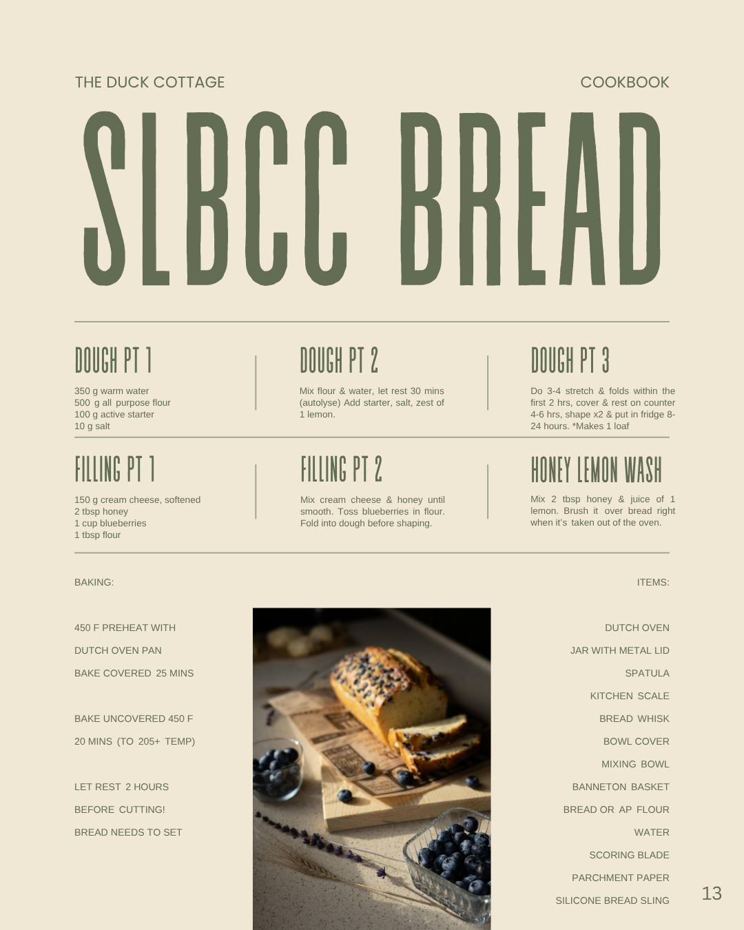 Page from a cookbook for subec bread, featuring recipes for dough and filling parts, an image of freshly baked bread, and a list of kitchen items.