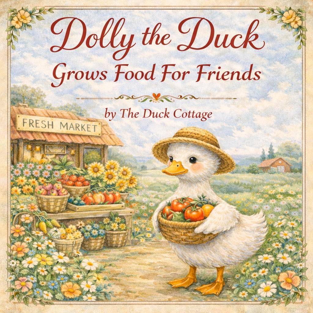 Illustration of a duck wearing a straw hat, holding a basket of tomatoes, standing on a flower-filled farm with a marketplace in the background labeled "Fresh Market." The scene is cheerful and colorful, promoting a book titled "Dolly the Duck Grows Food For Friends" by The Duck Cottage.