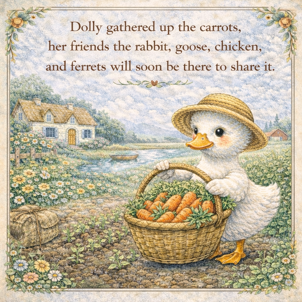 A cute illustration of a duck wearing a straw hat, holding a basket of carrots in a garden near a pond with flowers and a house in the background, with a poem about Dolly gathering carrots with friends.