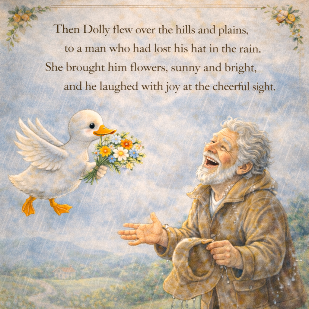 Illustration of a cheerful old man with white hair and beard, wearing a brown jacket, happily reaching out to a flying white duck holding a bouquet of colorful flowers on a rainy day landscape background.