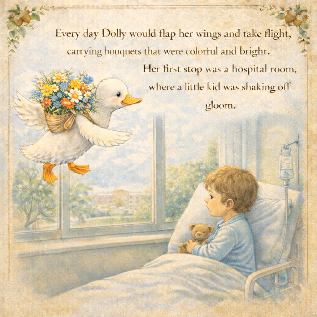 A young boy in a hospital bed holding a teddy bear, looking out the window at a flying duck carrying a basket of colorful flowers in its wings.