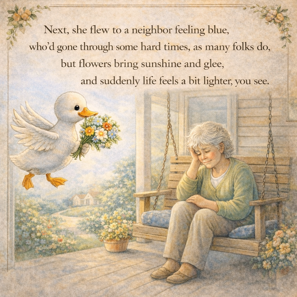 An illustration of an elderly woman sitting on a porch swing with her hand on her forehead. A duck holding a bouquet of flowers flies nearby with a bright background of flowers and a house in the distance.