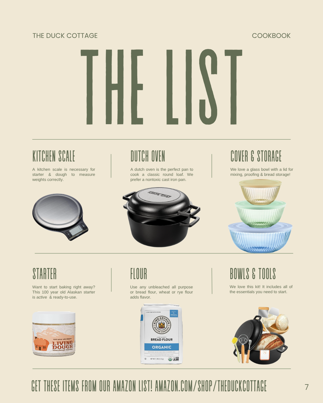 Page from 'The Duck Cottage' cookbook with kitchen items including a kitchen scale, Dutch oven, glass bowls with lids, shelf of baking essentials, bread flour, and a bowl and tools kit.