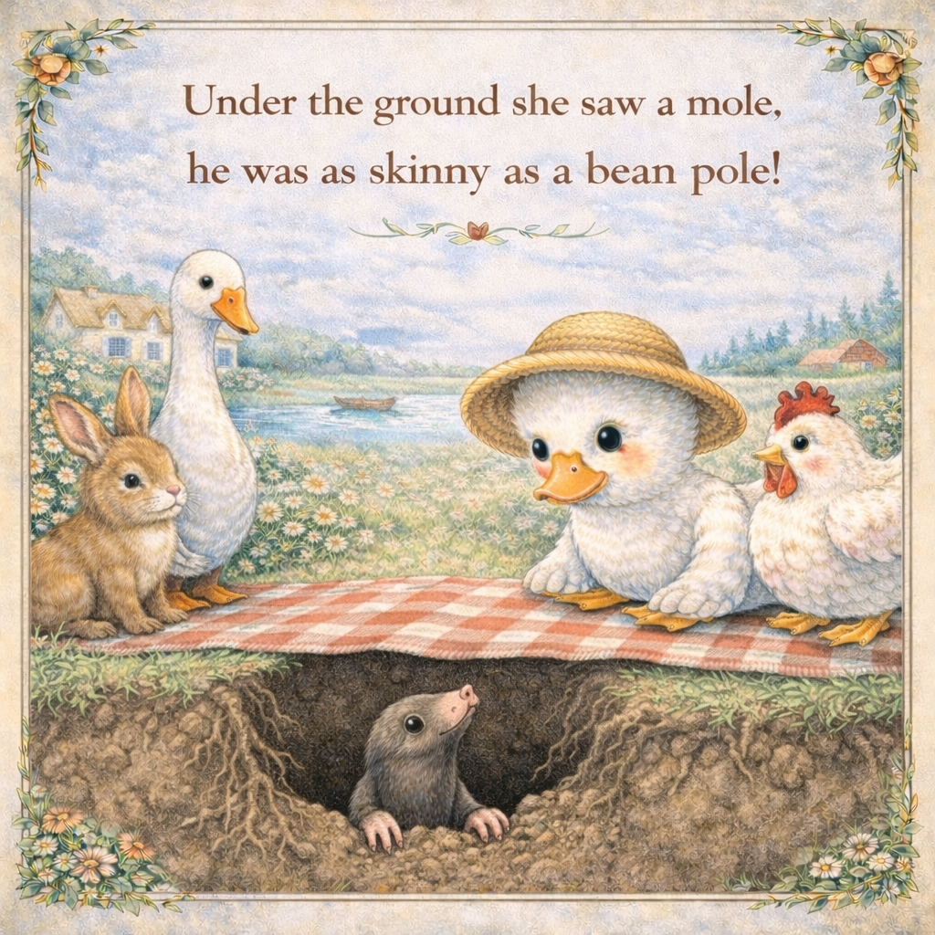 Illustration of farm animals: a rabbit, a goose, a duckling with a hat, a hen, and a mole in a garden with a river and houses in the background. The mole is underground.