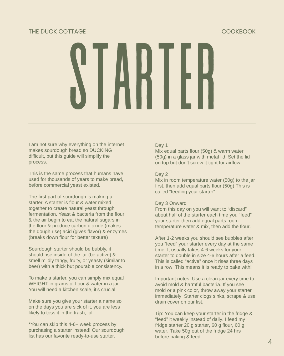 Page from a cookbook titled "STARTER" with instructions for making sourdough starter, including steps for mixing flour and water, fermentation, and maintaining the starter.