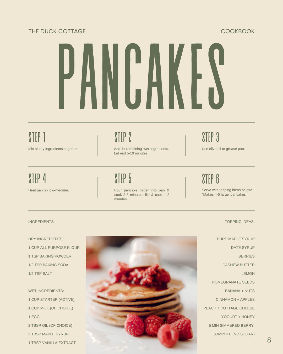 A recipe page for pancakes from The Duck Cottage cookbook, featuring step-by-step instructions, ingredients list, and a photo of stacked pancakes topped with berries and syrup.
