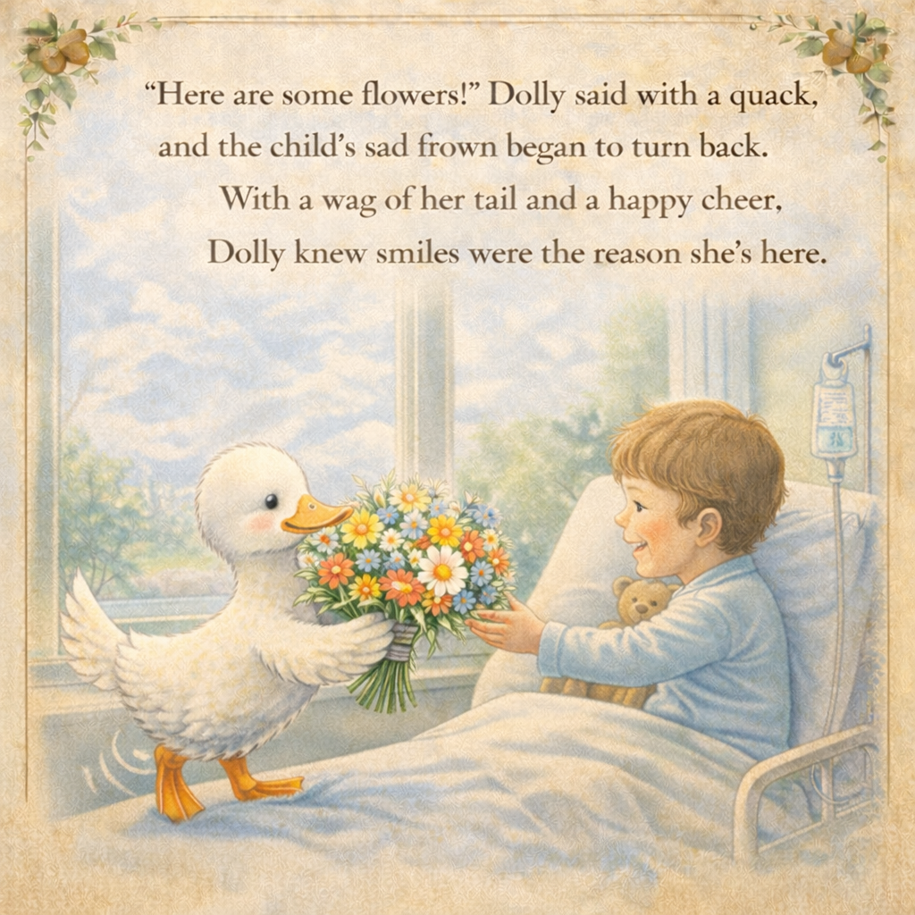 A young boy in a hospital bed receiving a bouquet of colorful flowers from a friendly white duck, with a window showing a blue sky and clouds in the background.