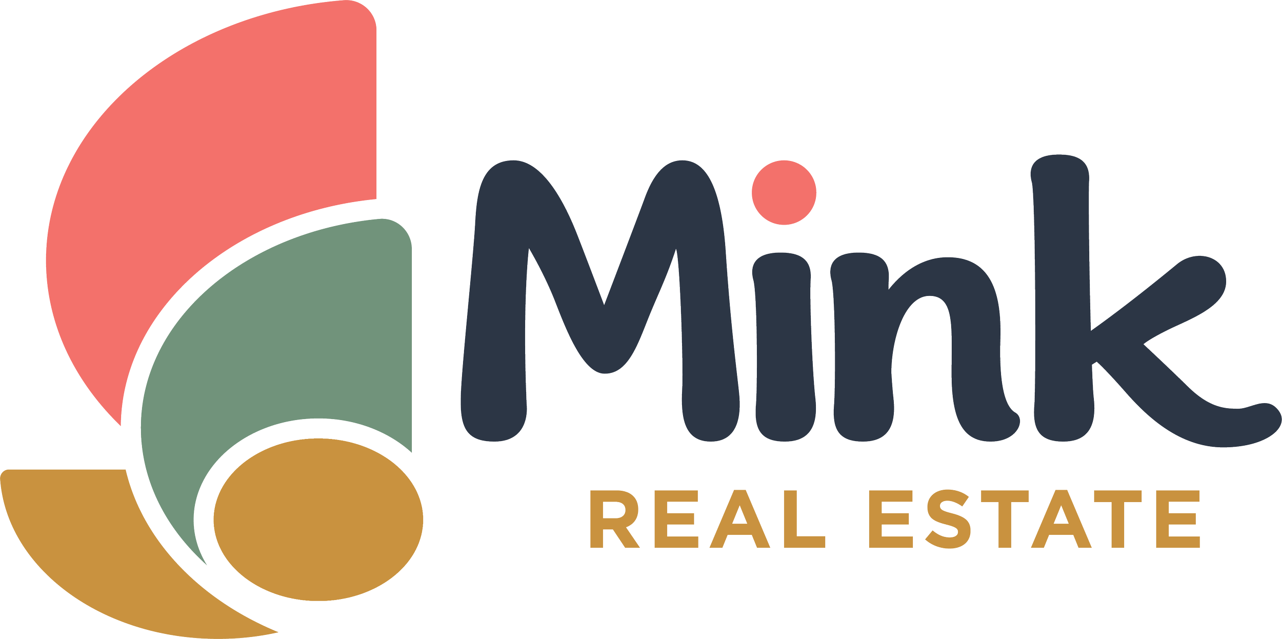 Logo for Mink Real Estate featuring a stylized abstract flower with pink, green, and mustard color petals and the text 'Mink' in large dark letters, with 'Real Estate' in smaller gold letters below.