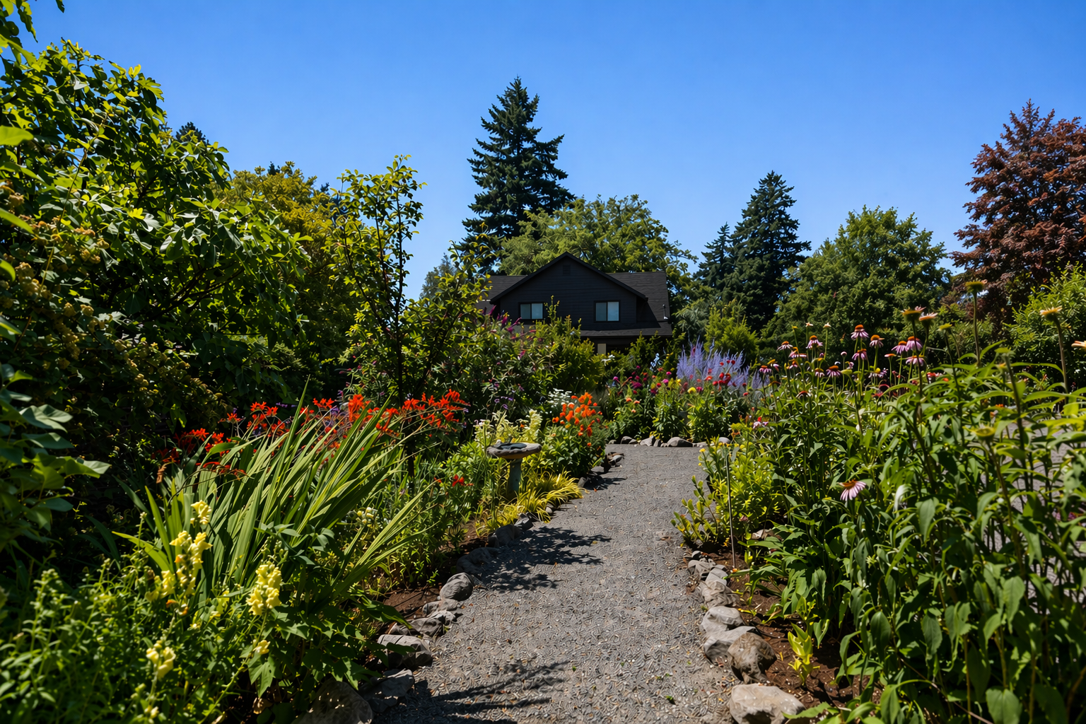 A garden with colorful flowers and plants along a gravel pathway leading to a black house with a sloped roof, surrounded by tall trees under a blue sky.