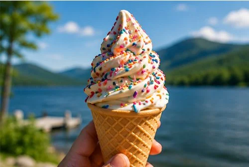 Person holding a soft serve ice cream cone topped with colorful sprinkles outdoors with a lake and mountains in the background.