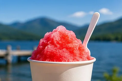 Pink snow cone topped with flavored syrup in white paper cup with a white plastic spoon, lakeside background with mountains and blue sky.