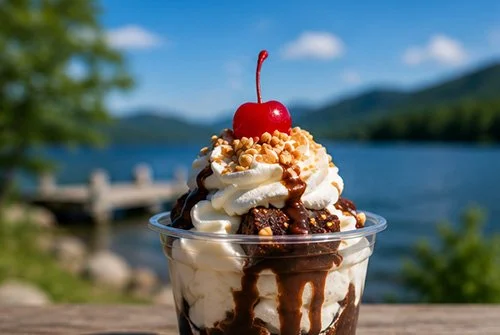 Ice cream sundae topped with whipped cream, caramel sauce, a cherry, and nuts in a clear glass bowl with lake and mountains in the background.