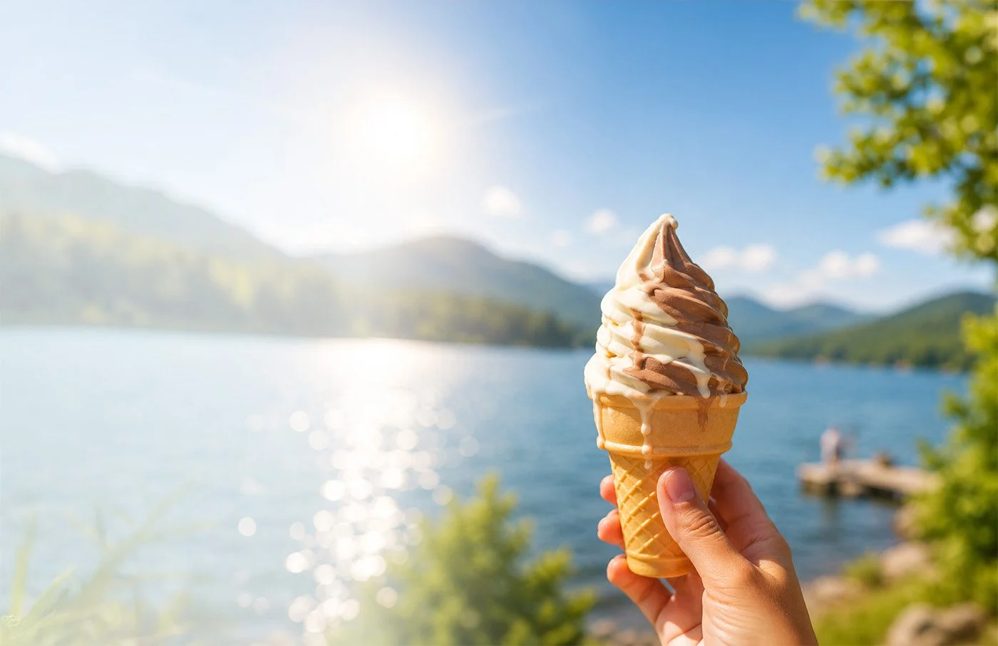 Person holding a soft serve ice cream cone with swirled vanilla and chocolate flavors near a lake with mountains in the background under a sunny sky.