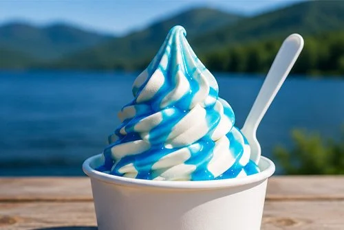 Soft serve ice cream with blue and white swirl in a white cup with a white spoon, outdoors near a lake and mountains.