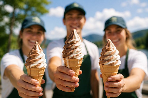 Three people holding ice cream cones outdoors on a sunny day.
